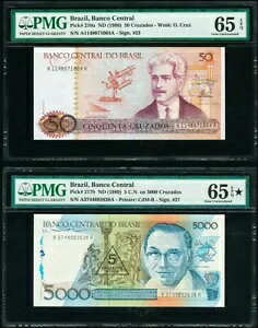 �u���W�� 5 C.N. & 50 Cruzados 1986-1989 Pick-210a & 217b GEM UNC 65 & 65 EPQ/STAR