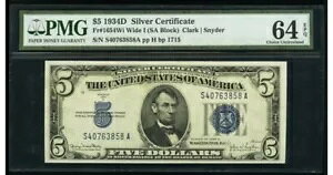 1934D $5 �V���o�[�ؖ����m�[�g Clark/Snyder PMG Choice UNC�B 64 EPQ 803