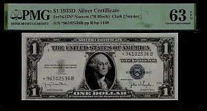 US 1 $ 1935D PMG 63 EPQ UNC Fr #1613N* �X�^�[�V���o�[�ؖ����t�� Clark/Snyder