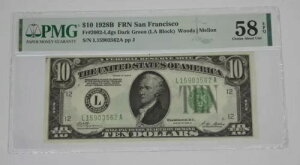 �V���[�Y 1928-B $10 Fed Res Note L-District SF PMG 58 Ch About Unc EPQ Fr#2002-L