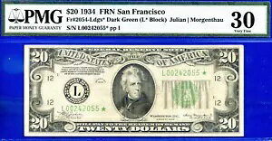 1934 �h�� 20 �A�M������s�� PMG 30 ���A 11 ���m�̃T���t�����V�X�R �X�^�[ Fr 2054-L*