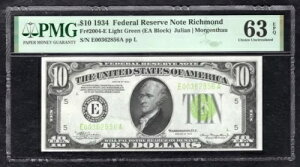 FR. 2004-E 1934 $10 LGS ���C�g�O���[���V�[�� FRN ���b�`�����h�A�o�[�W�j�A�B PMG UNC-63EPQ (F)