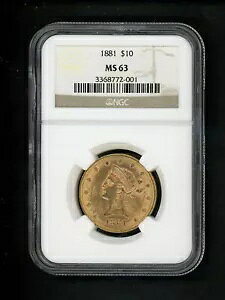 1881 US $10.00 �S�[���h ���o�e�B $10 �C�[�O�� NGC MS 63 UNC �I���W�i���\�ʃ\�t�g�ΐ�