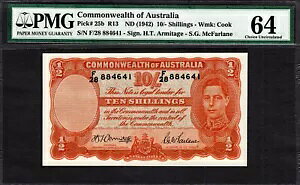 �I�[�X�g�����A 10/- �V�����O ND (1942) �A�[�~�e�[�W/�}�N�t�@�[���� �s�b�N-25b Ch UNC PMG 64