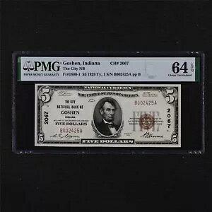 1929 �N ���ƒʉ� �C���f�B�A�i�B�S�V�F�� The Ciry NB $5 Fr.1800-1 PMG 64 EPQ UNC