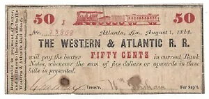 1862 Western & Atlantic R.R.�A�A�g�����^ �W���[�W�A�B 50c Note No.13808 (57464)