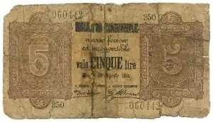 5 LIRE FALSO D'EPOCA BIGLIETTO CONSORZIALE REGNO D'ITALIA 30/04/1874 MB
