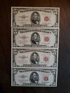 LOT of Four (4) 1953 $5 ���b�h�V�[�� / �N���X�v / 1 �̓X�^�[
