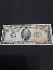 1934-B $ 10 FRN ���C�� �O���[�� �V�[�� G33703989C�B