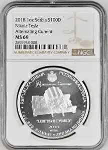 :2018 100 �f�B�i�[��/1�I���X �V���o�[ �Z���r�A NGC MS69(PL) �e�X�� �𗬓d�� ���A R3