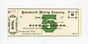 1870 �N�� $5 The Schoolcraft Mining Company - �~�V�K���B�J�����b�g Note UNC