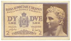 2 LEK REGNO D'ITALIA E ALBANIA BANCA NAZIONALE D'ALBANIA GENNAIO 1941 SPL-