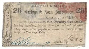 1862 Mechanics Savings & Loan Association�A�W���[�W�A�B�T�o���i 25c Note No.1323 (58613)