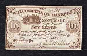 1863�N 10�Z���gW.H. COOPER & CO. BANKERS MONTROSE, PA �p�~���ꂽ�X�N���v�g���� UNC