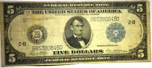 1914 $5 FR#851(C) �z���C�g/������ �t�F�f���� ���U�[�u �m�[�g LM-46