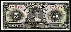 El Banco de Mexico 5 �y�\ �V���[�Y P-G 25.11.1942�AP34d2 UNC�B