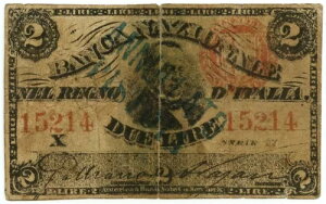 2 LIRE FALSO D'EPOCA BANCA NAZIONALE NEL REGNO D'ITALIA CAVOUR 22/01/1868 MB/BB