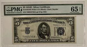 1934D $5 �V���o�[�ؖ��� Fr# 1654Wi (TA �u���b�N) PMG 65 Gem Unc EPQ ???
