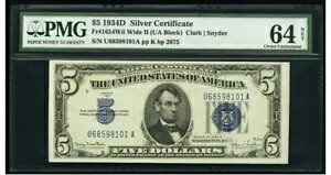 1934D $5 �V���o�[�ؖ����m�[�g Clark/Snyder PMG Choice UNC�B 64 EPQ 805
