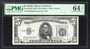 FR�B 1654Wi 1934-D $5 �V���o�[�ؖ����ʉݎ��� PMG ������-64EPQ