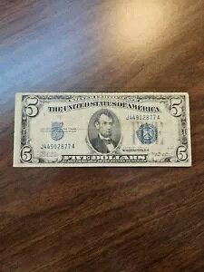 1934 A $5 �u���[ �V�[�� US Note J44902877A