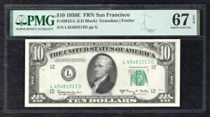 FR�B 2015-L 1950-E $10 �A�M���������� �J���t�H���j�A�B�T���t�����V�X�R PMG GEM UNC-67EPQ