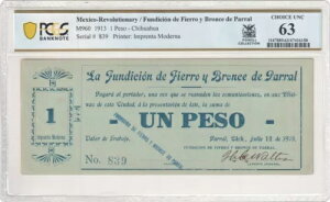 Mex Rev / Fundicion de Fierro y Bronce de Parral M960 1913 �y�\ PCGS Ch UNC 63