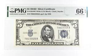 PMG 66 ��� Unc EPQ 1934 D $5 �V���o�[ �ؖ��� �u���[ �V�[�� Fr#1654Wi *1074