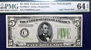 1934 �N $5 �A�M������s�� Fr-1955-C �t�B���f���t�B�A LGS PMG64 Choice EPQ