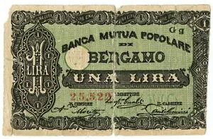 1 LIRA BIGLIETTO FIDUCIARIO BANCA MUTUA POPOLARE DI BERGAMO 15/08/1869 MB