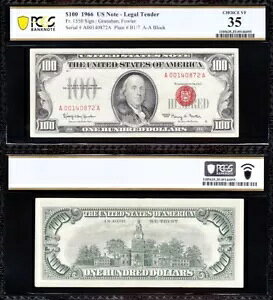 �f���炵���N���X�v�`���C�X VF++ 1966 $100 RED SEAL US Note! PCGS35�I���������I