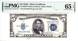 1934-C $5 �V���o�[ �ؖ��� ���C�h ���A LA �u���b�N PMG �W�F�� Unc 65EPQ #L94138473A