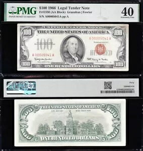 �f���炵���n�C�O���[�h�u���� 4 �� S/N�v 1966 �h�� 100 ���b�h�V�[�� US Note PMG 40! 00005041