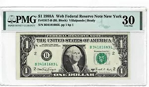 1988A $1 FRN 'WEB' Note(B-L �u���b�N) 1/1 - fr. 1917-B PMG VF 30 - �L�[�m�[�g���R����