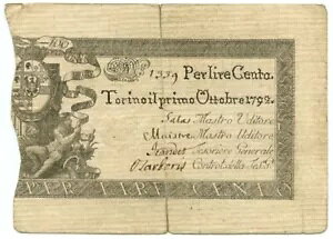 100 ���� REGNO DI SARDEGNA REGIE FINANZE TORINO 1792 �N 1 �� 10 �� qBB