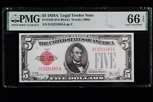 $5 1928A PMG66EPQ �@��ʉ� D13224585A �^�t DA �u���b�N ���b�h �V�[�� US Note �V���[�Y A