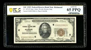 DBR 1929 $20 FRBN ���b�`�����h �W�F���_��1870-E PCGS-B 65 PPQ �V���A�� E00312061A
