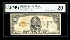 DBR 1928 $50 �S�[���h�ؖ��� Fr. 2404 PMG VF-20 �V���A�� A01347430A