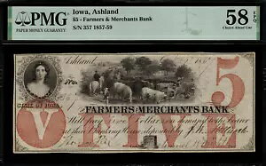 1857-59 $5 �p�~ - �A�C�I���B�A�b�V�������h - �t�@�[�}�[�Y & �}�[�`�����c �o���N - PMG 58 EPQ