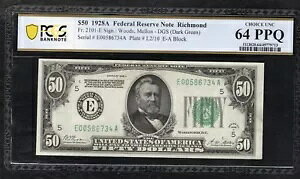 FR�B 2101-E 1928-A $50 FRN ���b�`�����h�A�o�[�W�j�A�B PCGS �����I�𖢗���-64PPQ