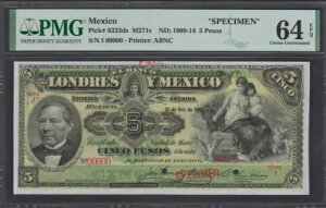 1909-1914 ���L�V�R Banco de Londres 5 �y�\ SPECIMEN S233ds PMG 64 EPQ