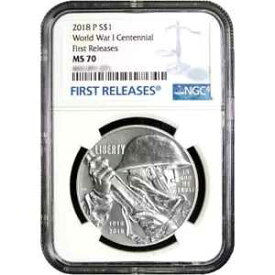2018-P UNC $1 第一次世界大戦 100 周年記念銀ドル NGC MS70 ブルー FR ラベル
