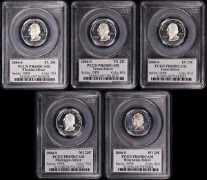 2004�N-S FL�ATX�AIA�AMI�AWI �V���o�[ �X�e�[�g �N�H�[�^�[ 5�R�C���Z�b�g PCGS PR-69 DCAM-