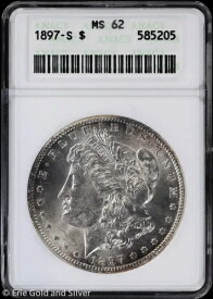 1897-S 1ドル モルガン銀貨 ANACS MS 62 | 古い石鹸箱ホルダー UNC