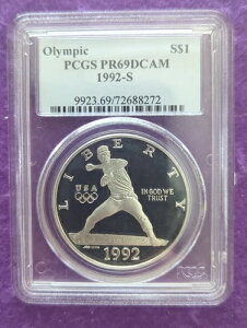 1992 S PCGS PR 69 DCAM �I�����s�b�N�싅 1�h�� $1 ���B���e�[�W SLAB
