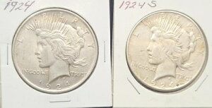 2 US Peace 90% Dollars 1924P & 1924S ���v�Œ�≿�z = 1.54�I���X x �X�|�b�g