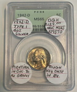 1942 D �^�C�v 1 (��F�ł͂Ȃ�) �W�F�t�@�[�\�� �j�b�P�� MS65 (BU �̃^�t �L�[ �f�[�g)