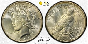 1927�N�s�[�X�h�� PCGS MS 62 ���Ɍ��򂪂���A�W���������F�Ŋ��S�ɑō�����Ă��܂�