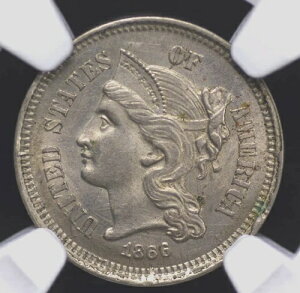 1866�N 3�Z���g�j�b�P�� NGC MS 63 �킸���ɊD�F����������F�̃s���[�^�[��