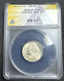1945 D/D ジェファーソン ニッケル ダブルダイ - ANACS MS 64 - RPM-019、DDO-003 シルバー!